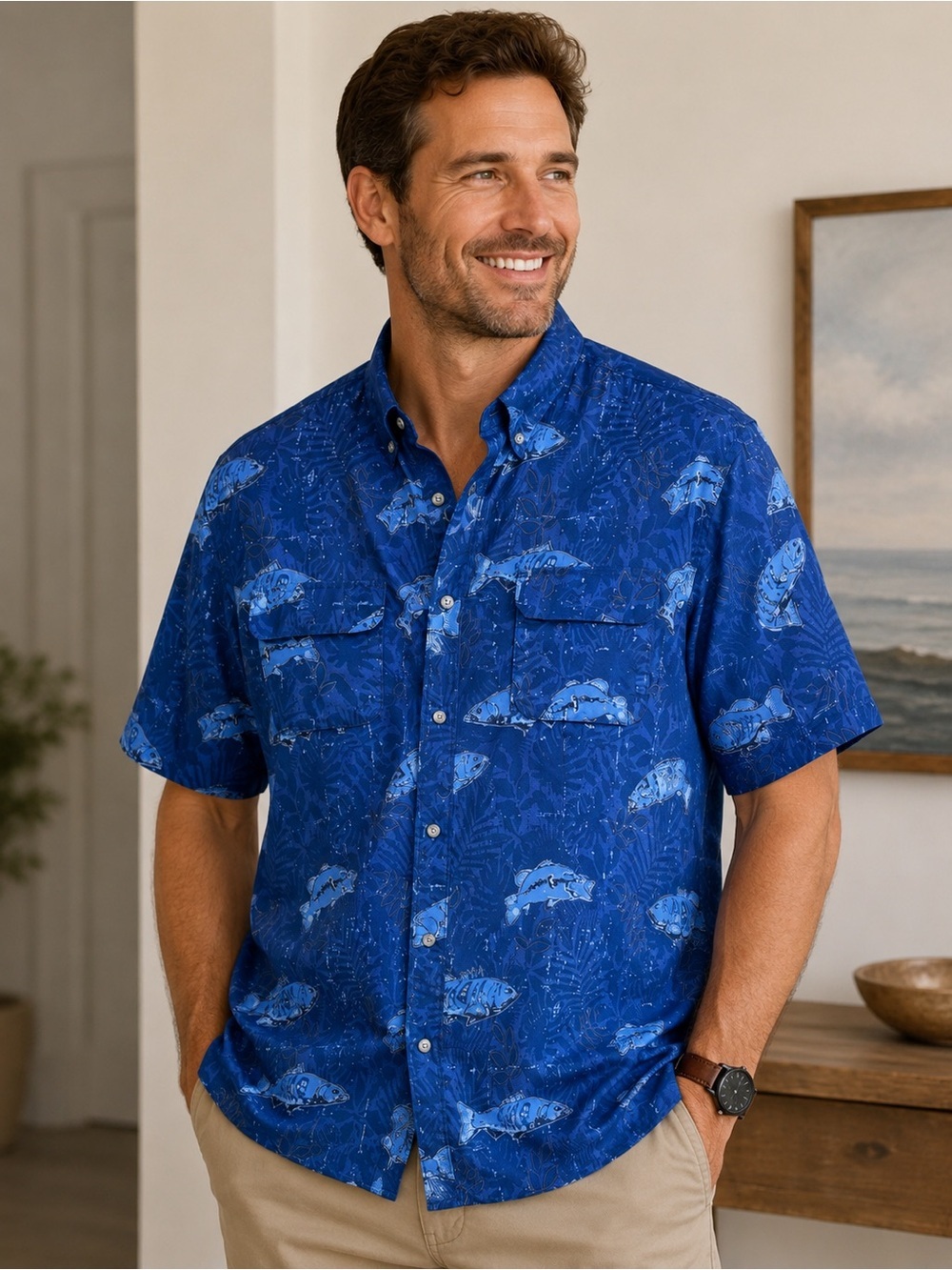 Chaps Blue Tropical Fish Short Sleeve Button Down Shirt Lightweight Fishing XXL